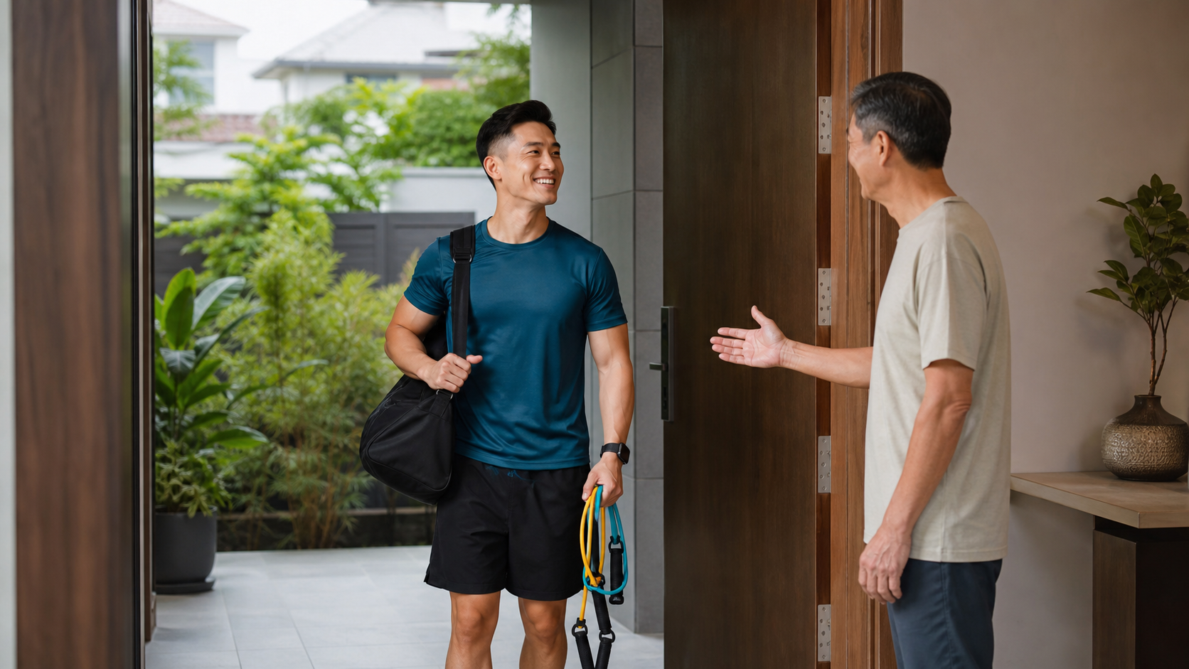 Exercise coach arriving for a home visit in Klang Valley