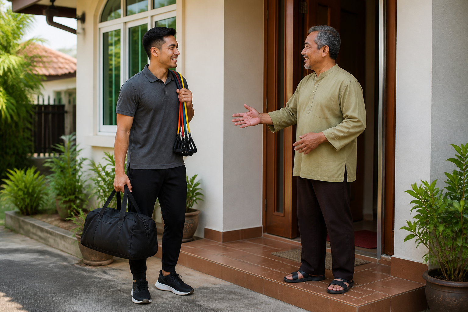 Jurulatih tiba untuk sesi latihan di rumah keluarga Malaysia