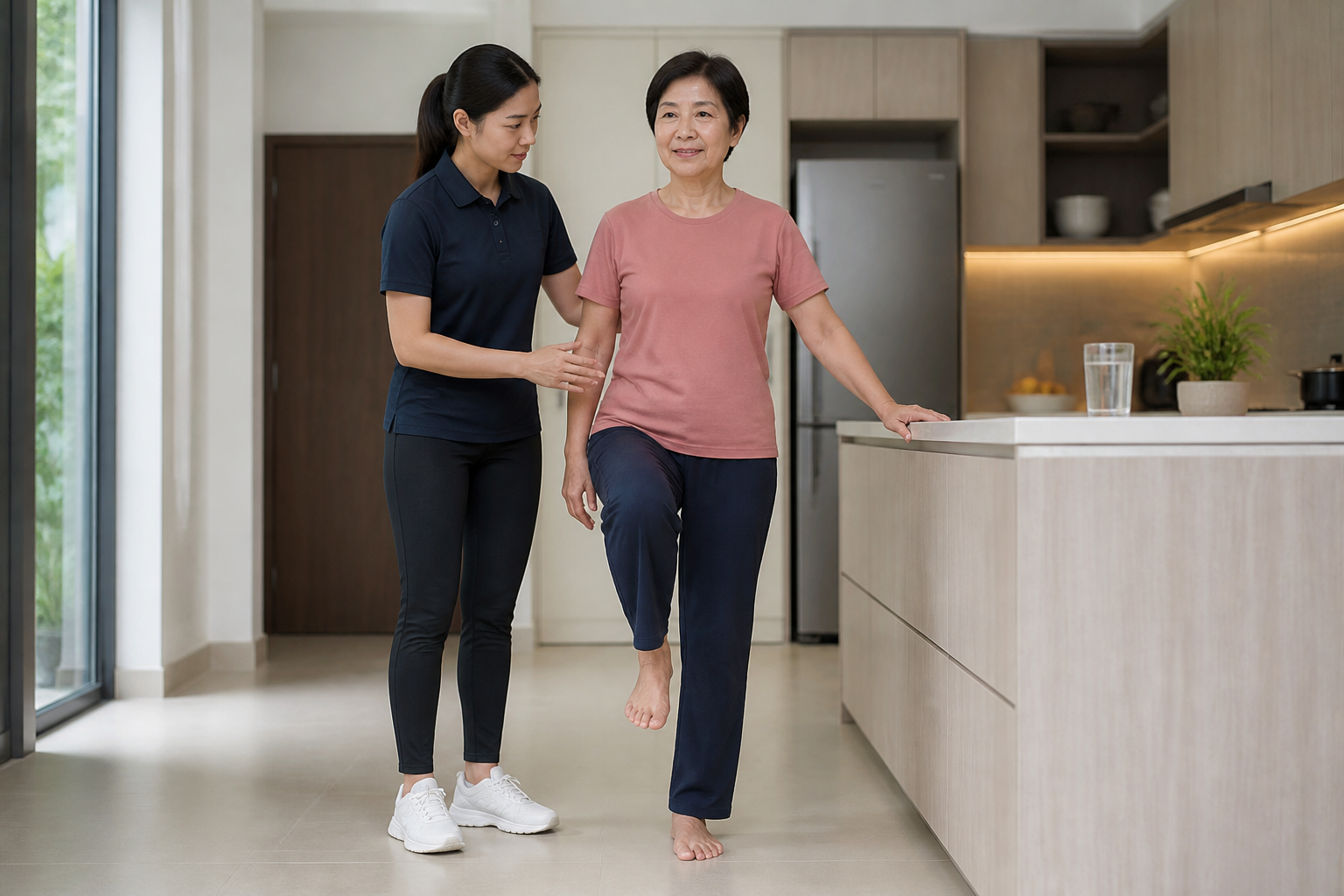 Older Malaysian Chinese adult practising supported single-leg balance