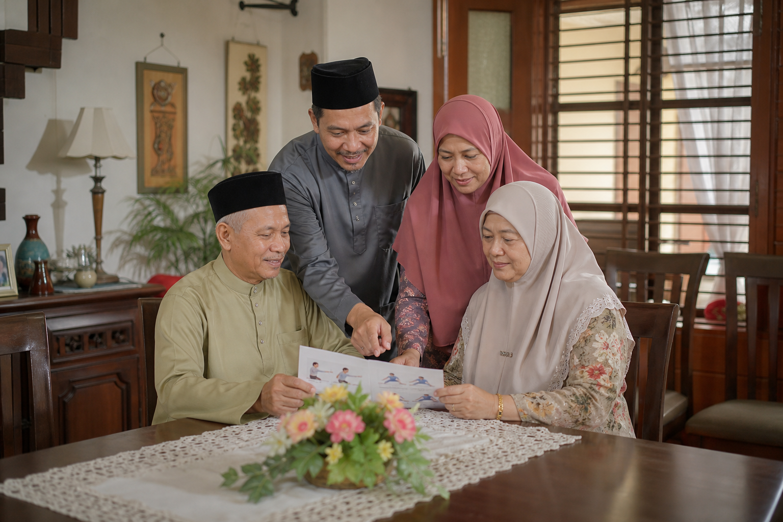 Keluarga Melayu meneliti bahan kesihatan dan senaman bercetak bersama-sama