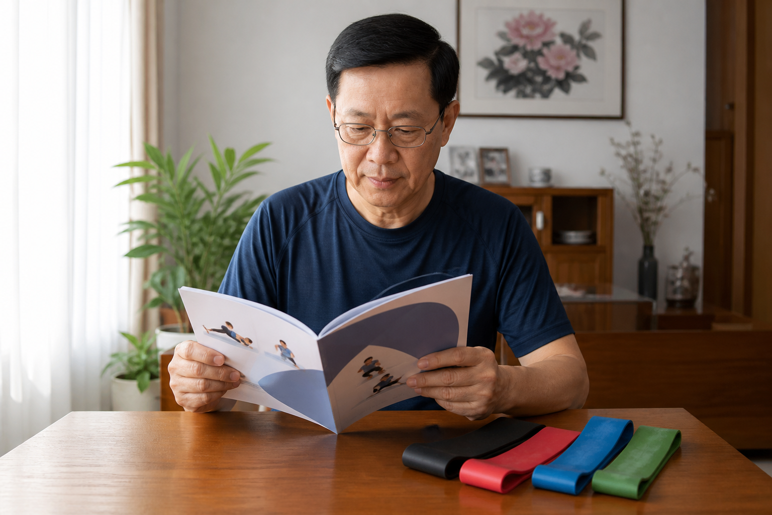 Mature Malaysian Chinese reader studying a printed exercise guide