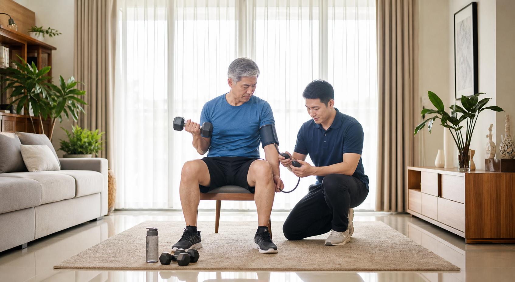 Malaysian Chinese adult exercising under calm professional supervision