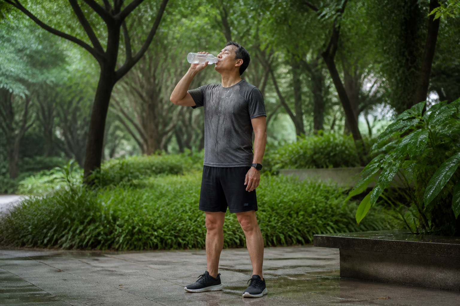 Malaysian Chinese adult exercising safely in tropical morning heat