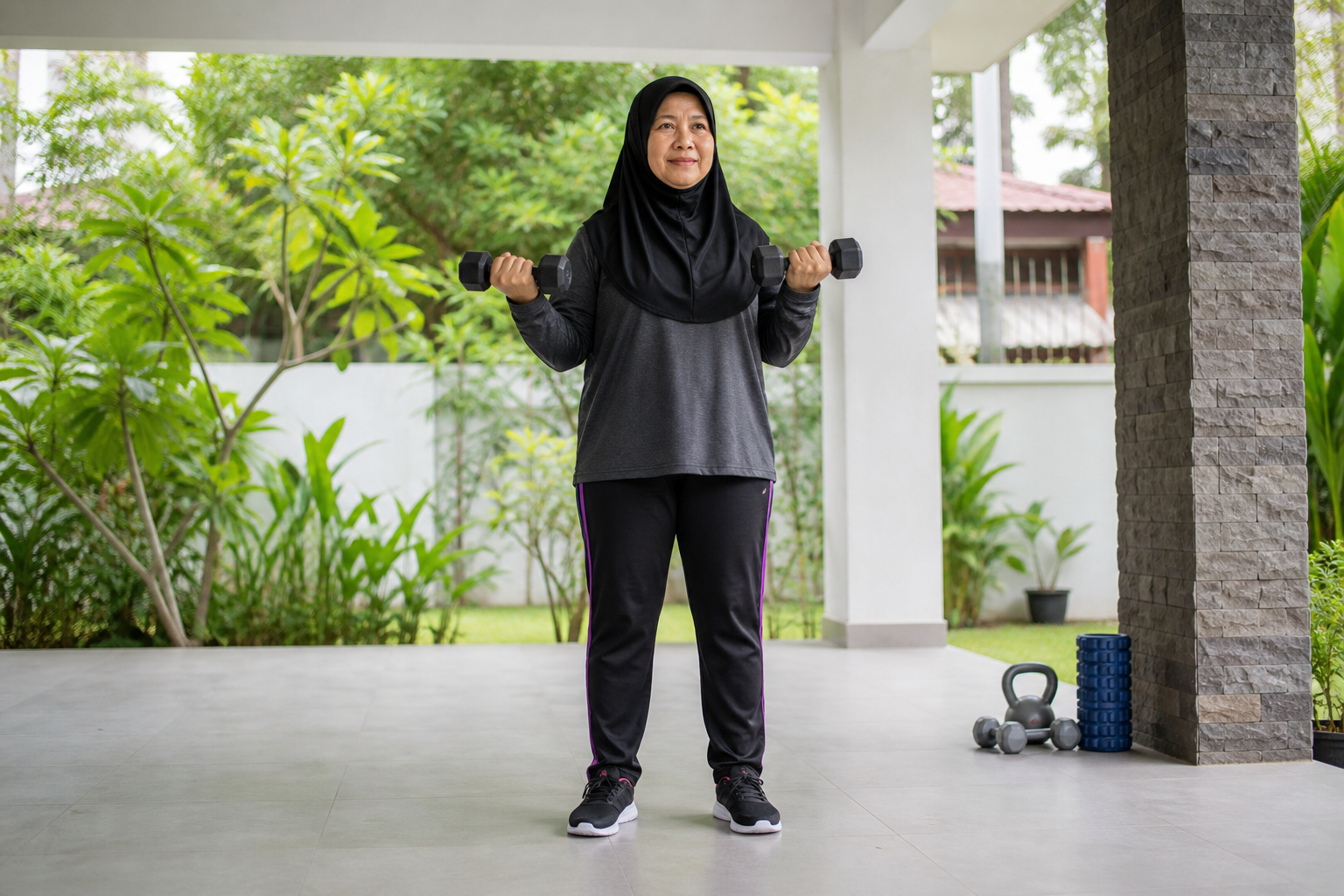 Wanita Melayu matang melakukan latihan kekuatan secara terkawal