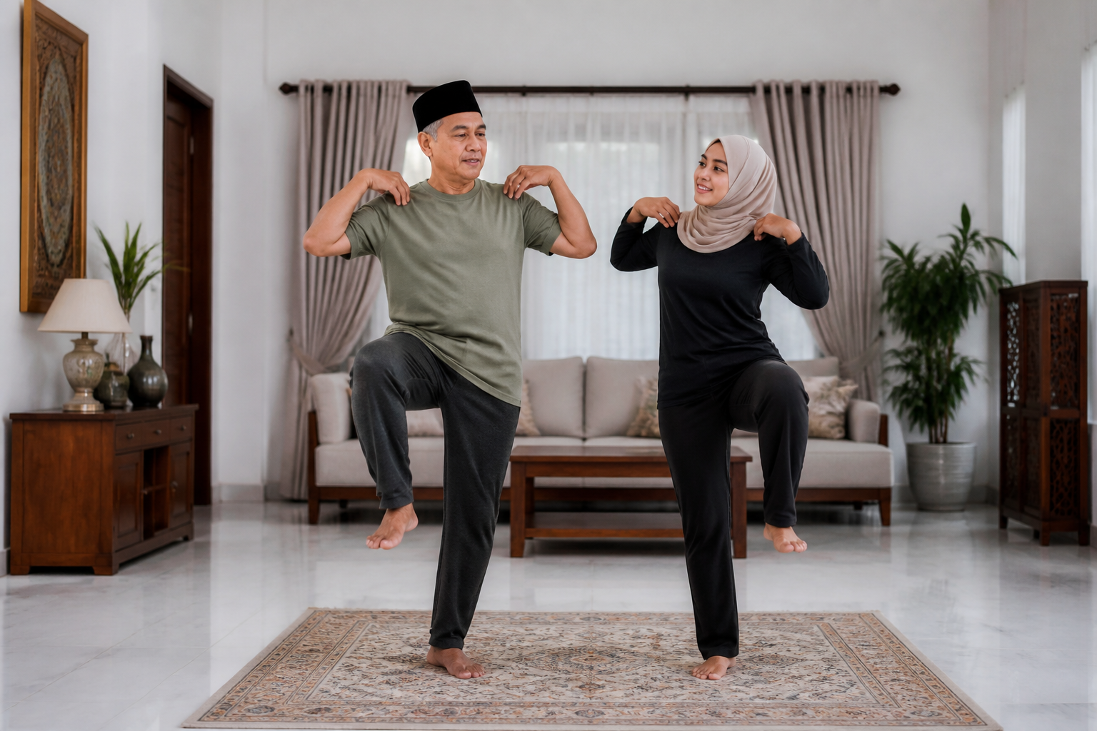 Warga emas Melayu melakukan latihan mobiliti terkawal bersama jurulatih