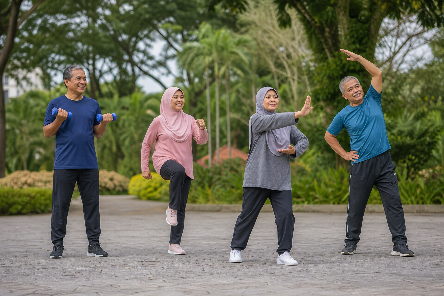 Empat orang dewasa Melayu berlatih kekuatan, kardio, imbangan dan mobiliti