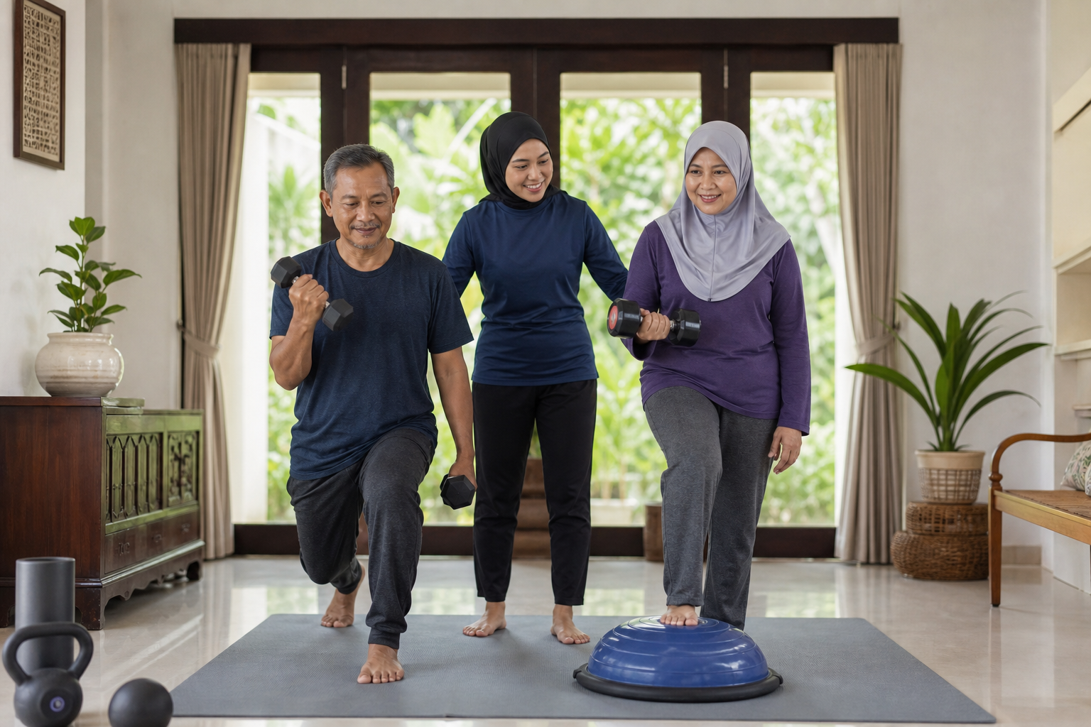 Pasangan Melayu Malaysia menjalani latihan kekuatan dan imbangan di rumah