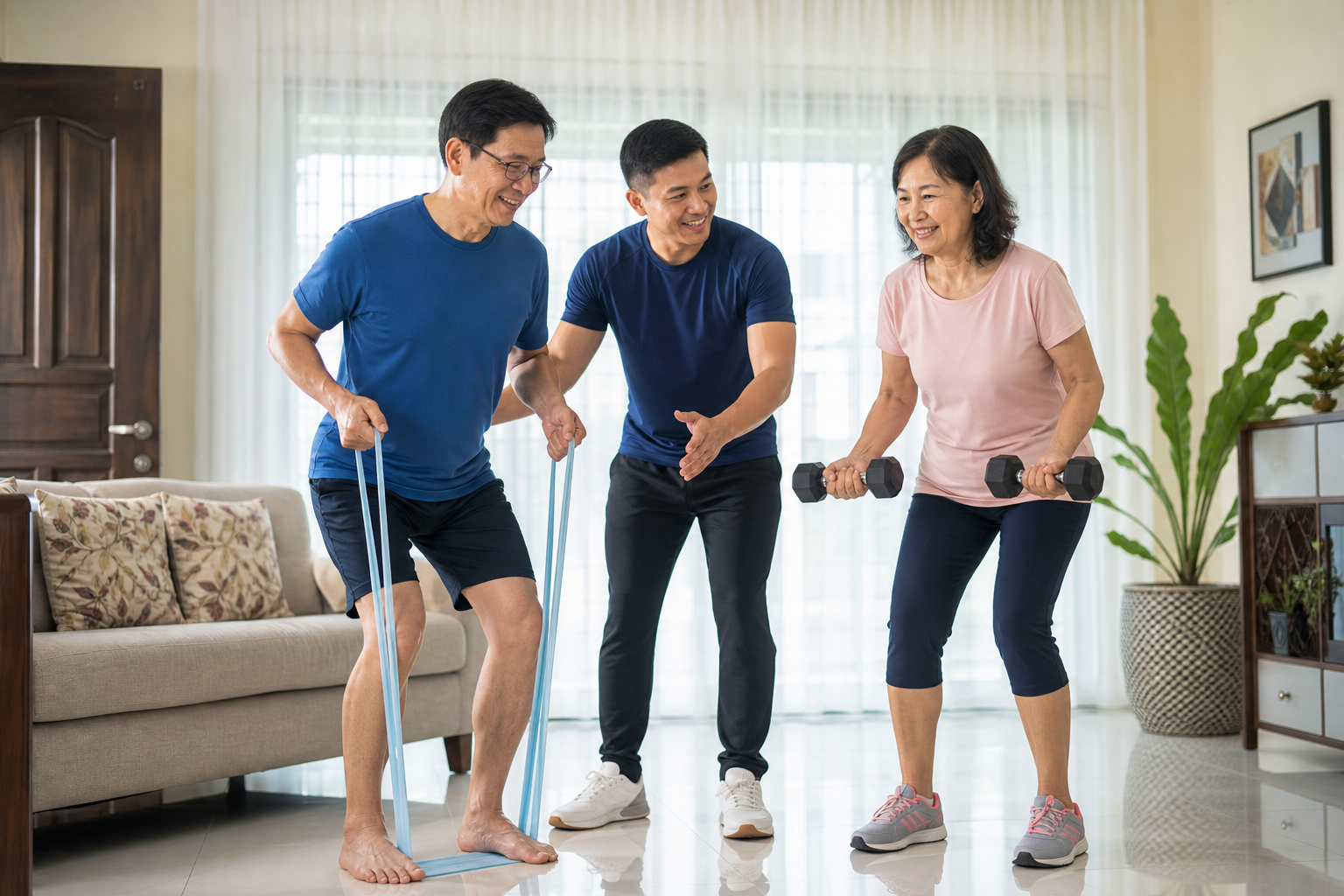Malaysian Chinese couple doing supervised strength and balance training at home
