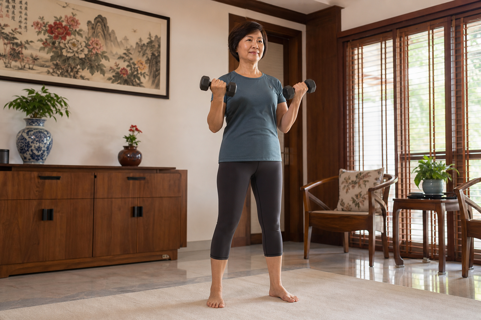Mature Malaysian Chinese woman performing controlled resistance training