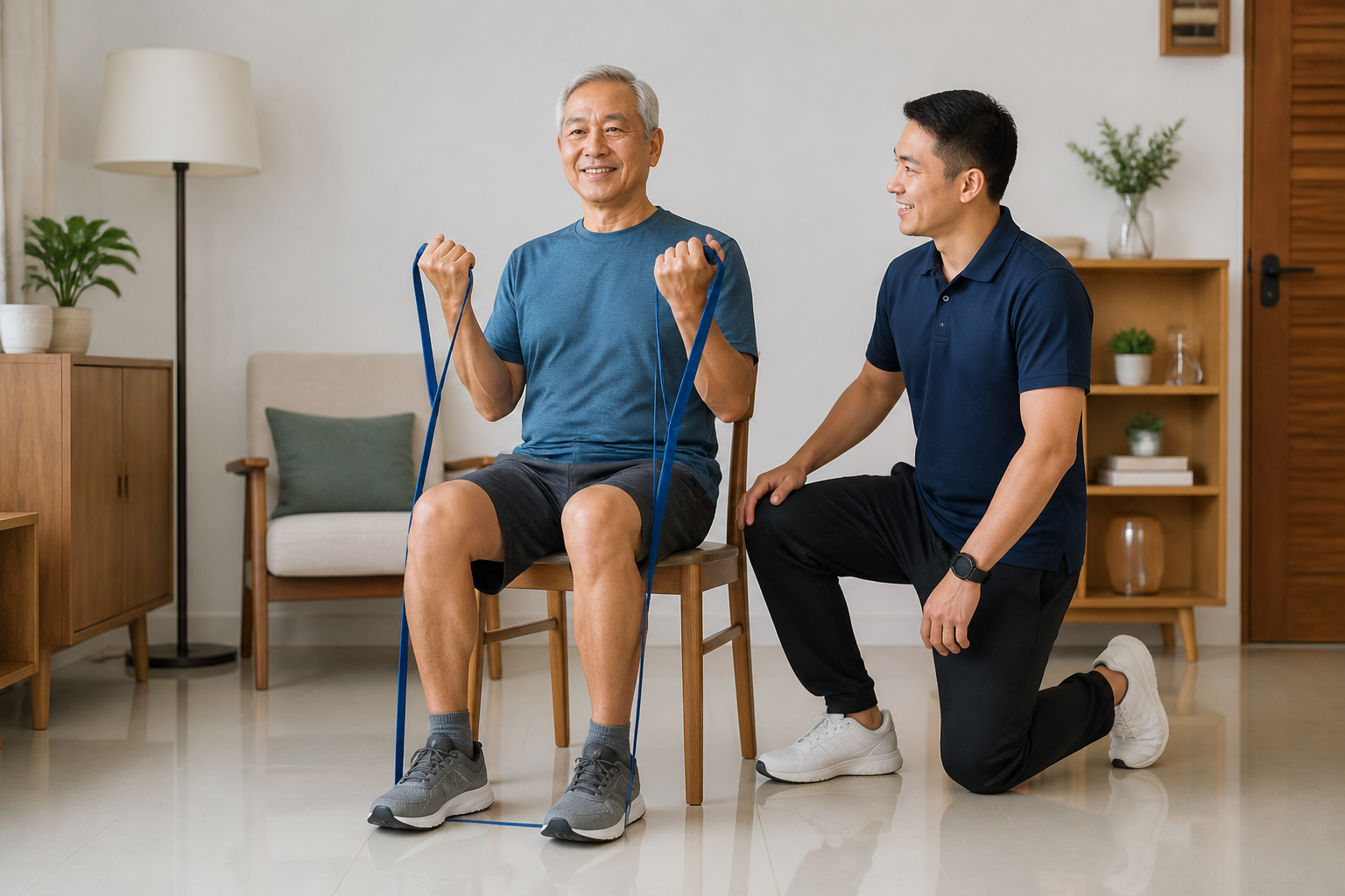 Older Malaysian Chinese adult performing a supervised seated band exercise