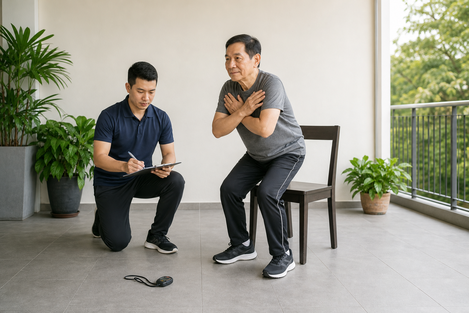 Trainer recording a client's chair-rise assessment on paper