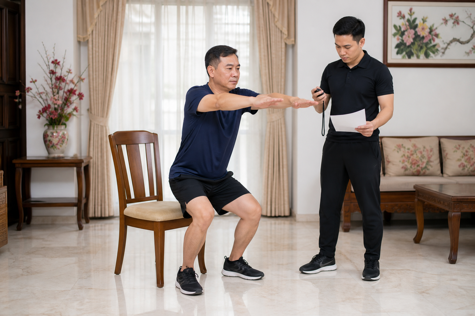 Professional conducting a chair-based functional fitness assessment