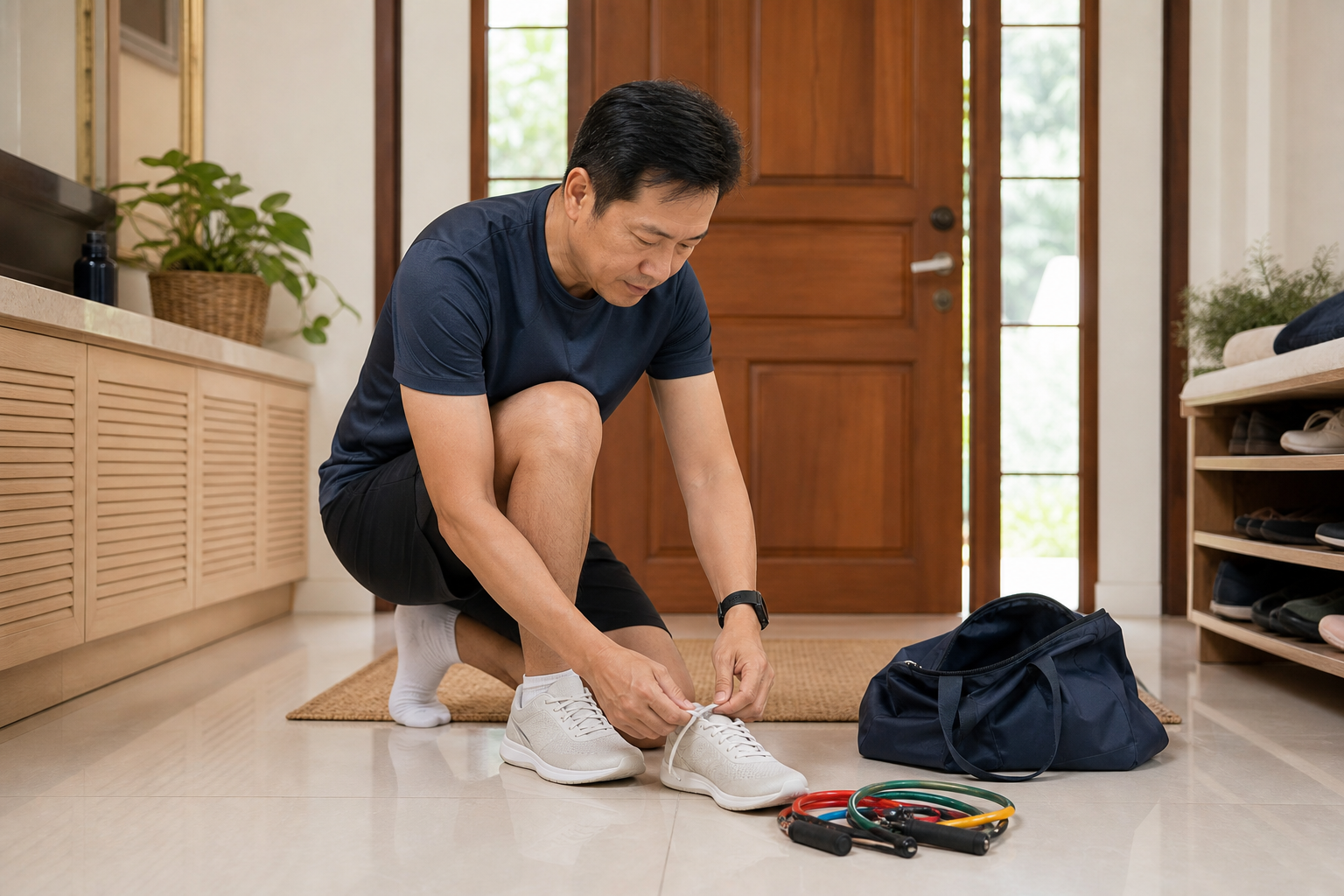 Malaysian Chinese adult preparing shoes and resistance bands for exercise