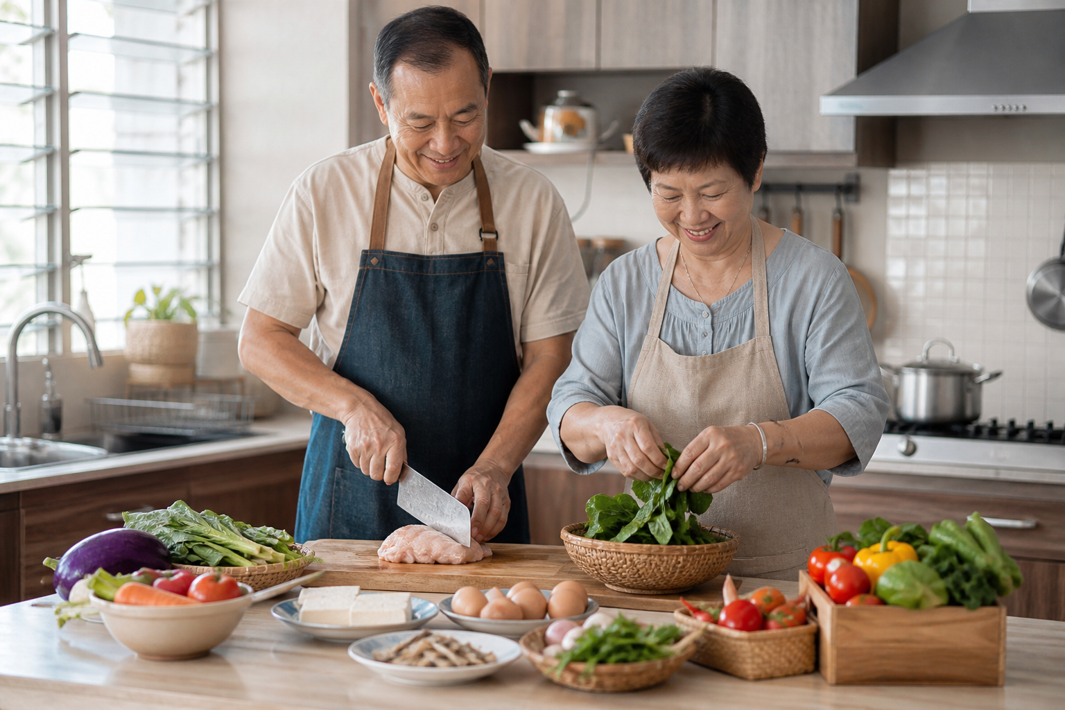 Mature Malaysian Chinese couple preparing a protein-rich Malaysian meal