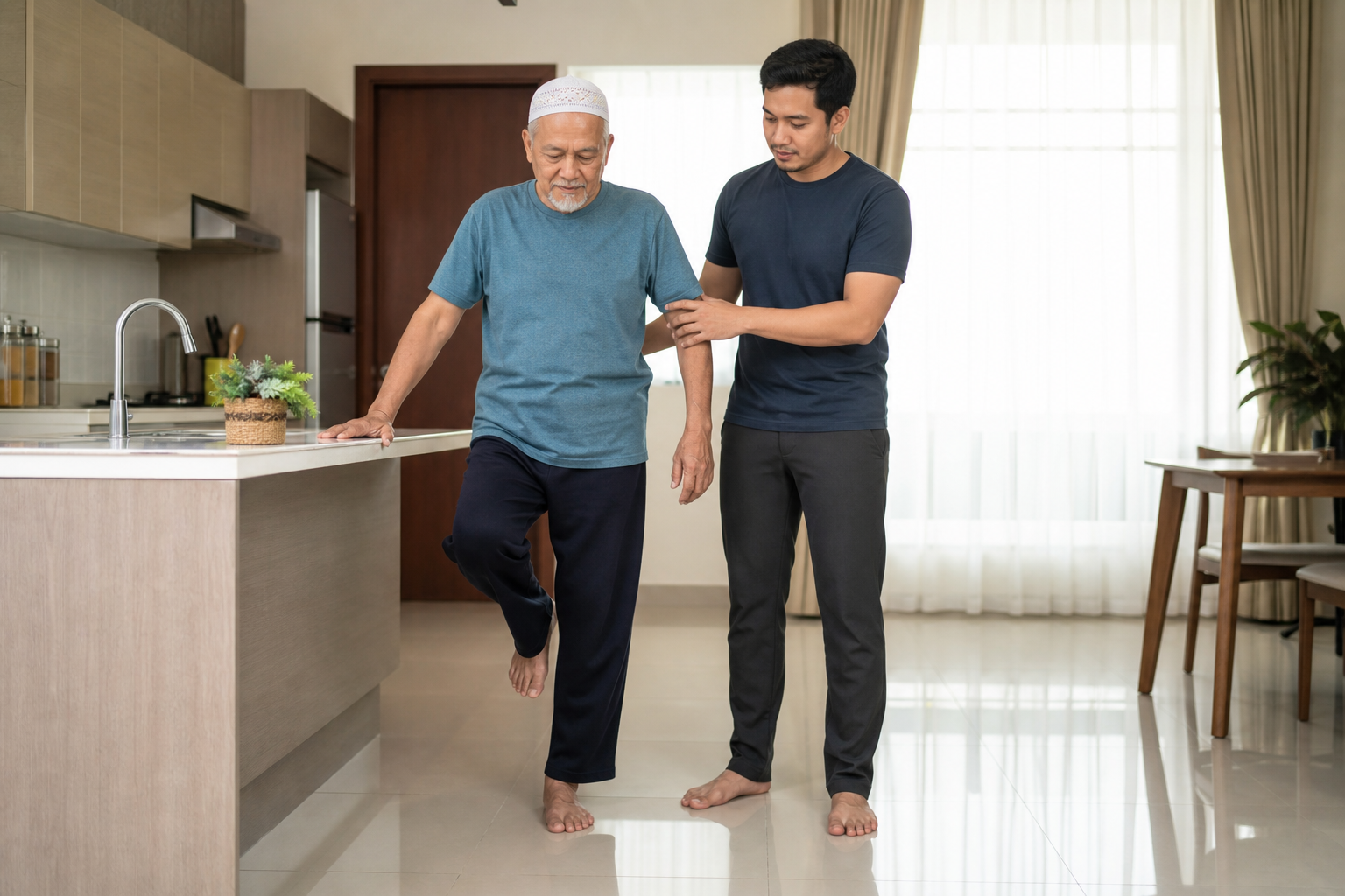 Warga emas Melayu berlatih imbangan dengan sokongan kaunter dapur