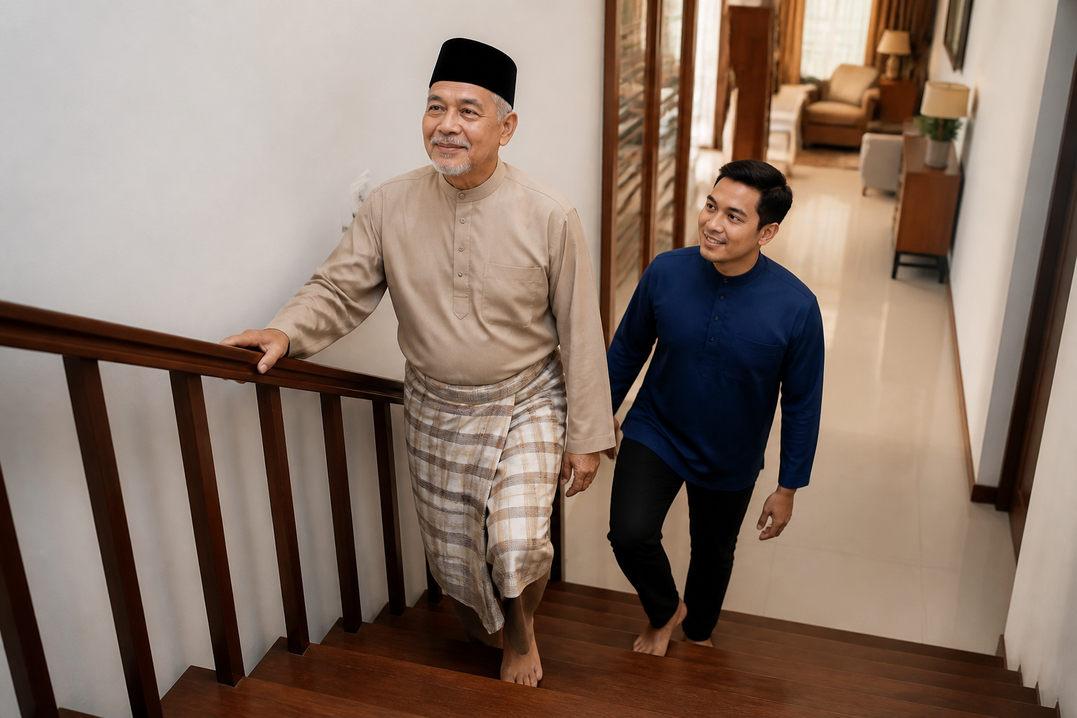 Warga emas Melayu menaiki tangga rumah dengan pengawasan anaknya