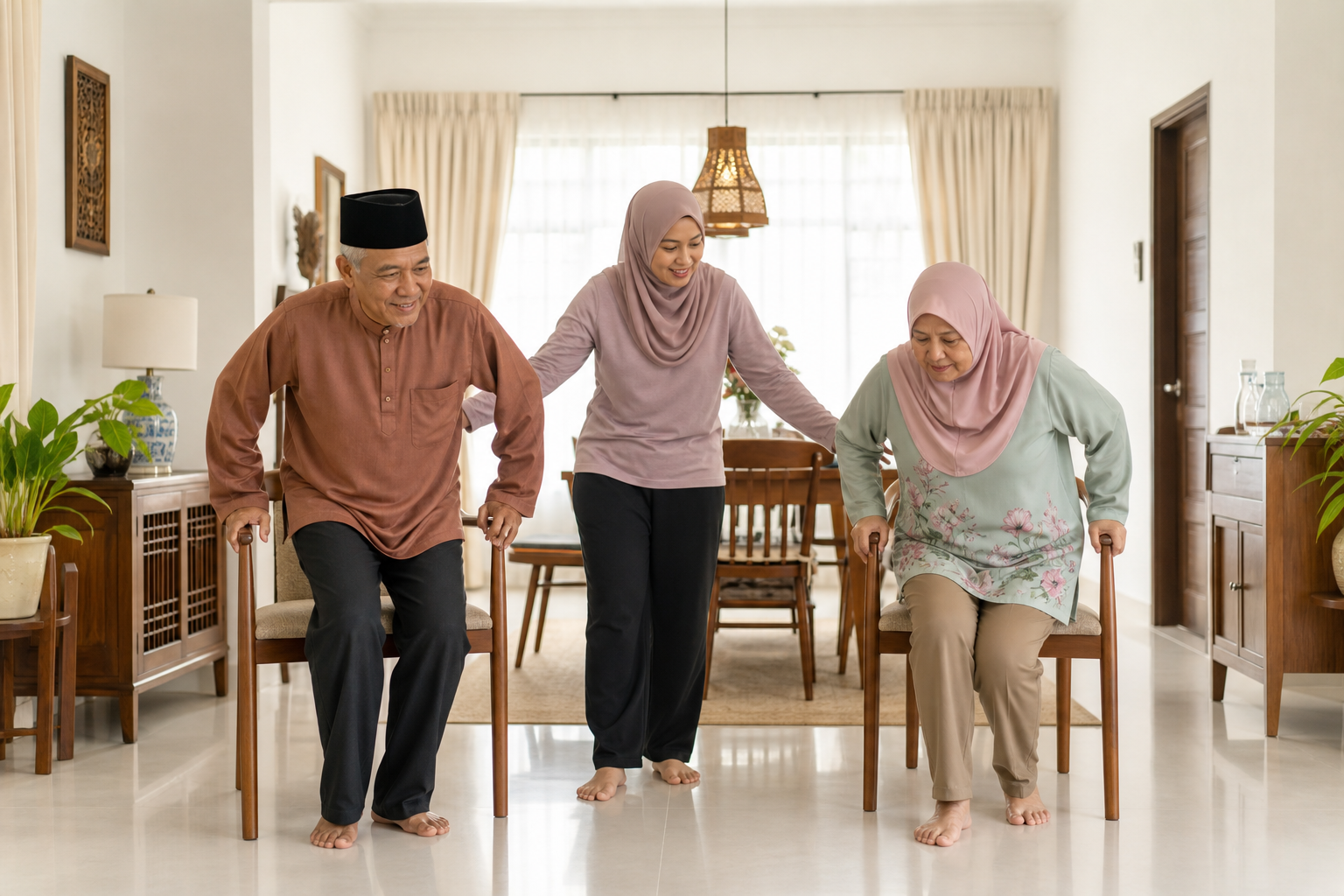 Anak membantu ibu bapanya berlatih duduk dan berdiri dengan selamat
