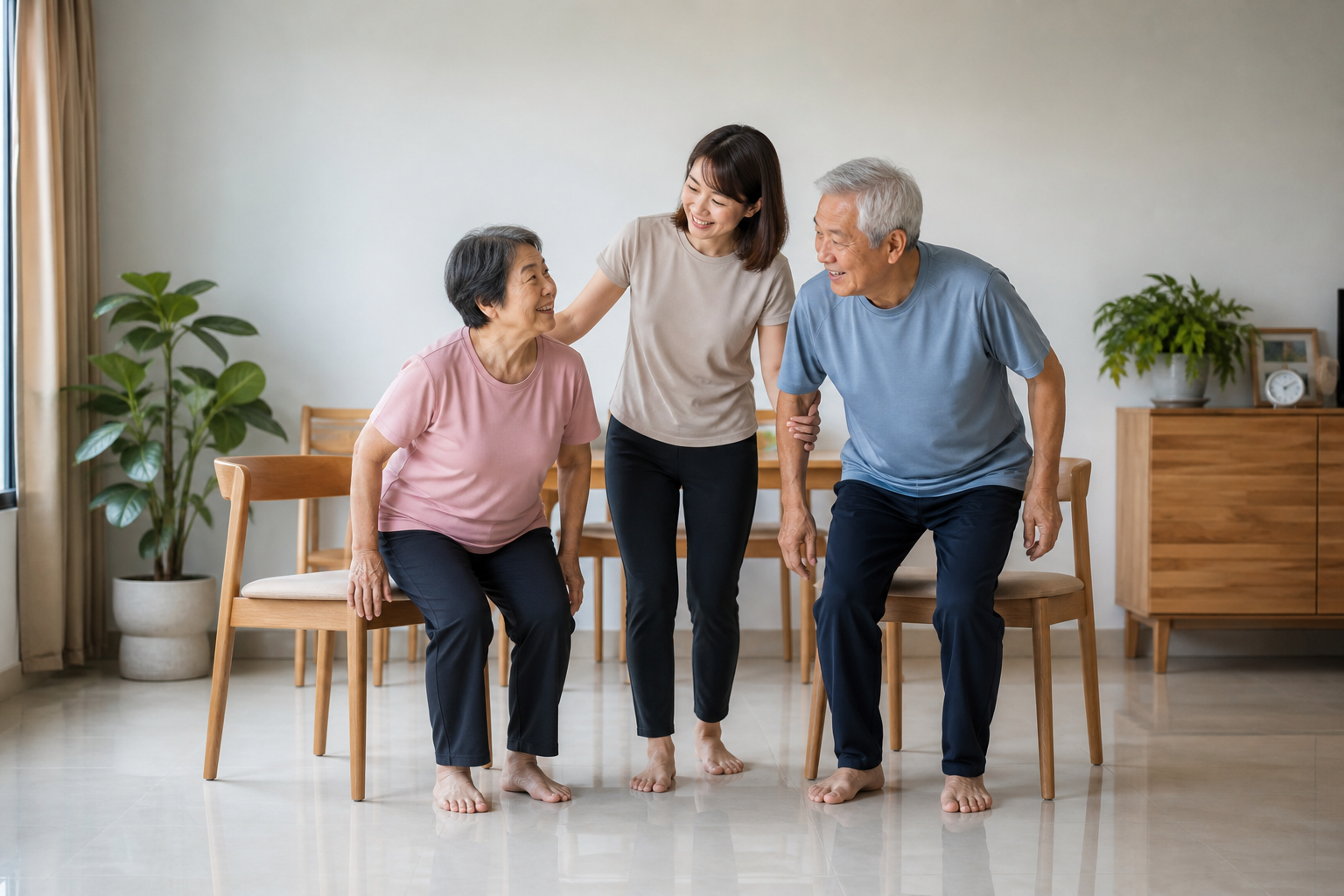 Adult daughter helping her older parents practise a safe sit-to-stand exercise