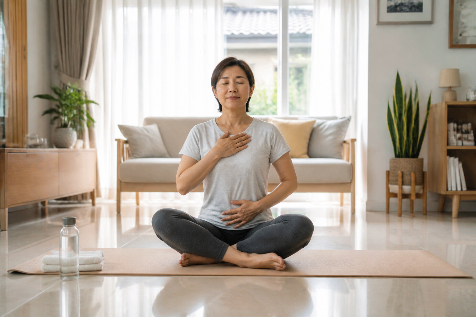 Mature Malaysian Chinese adult doing gentle mobility and breathing work