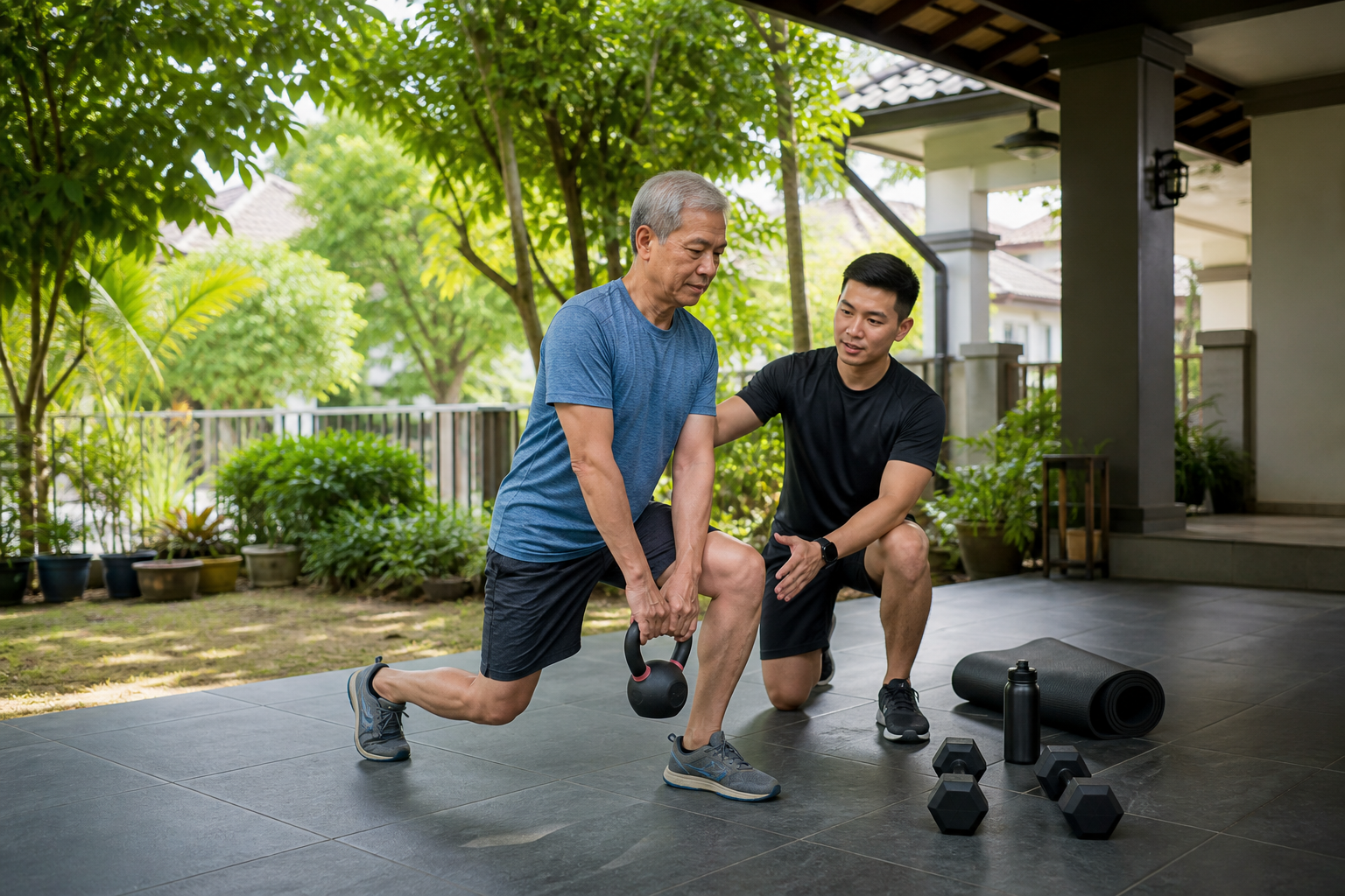 Malaysian Chinese client training in a Selangor home garden