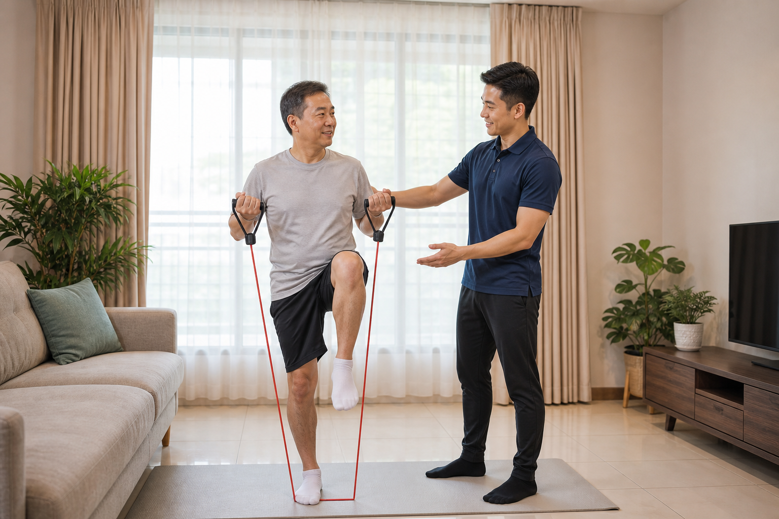 Physiotherapist coaching a Malaysian Chinese client during a home exercise visit