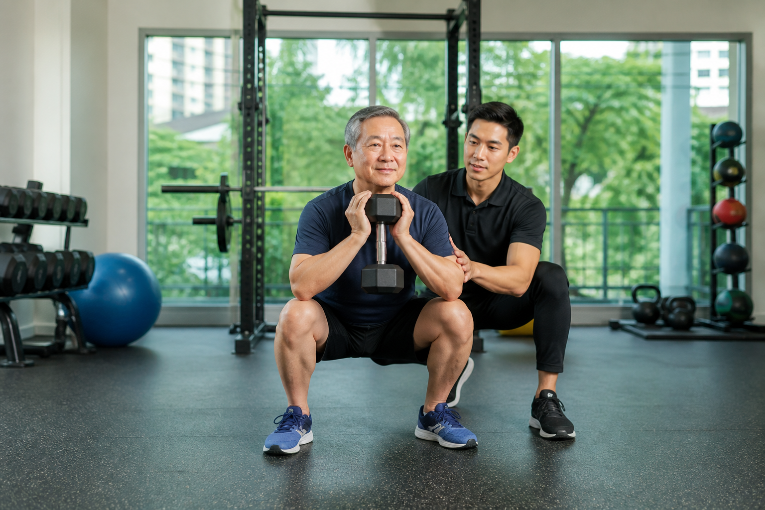 Older Malaysian Chinese adult performing a supervised dumbbell squat