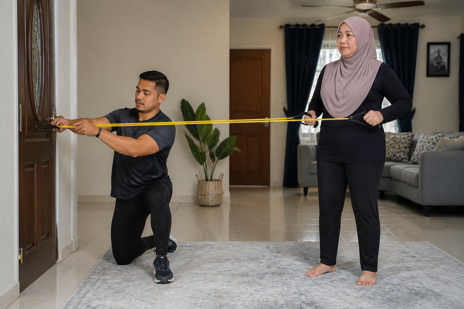 Jurulatih membantu klien Melayu menggunakan jalur rintangan dengan teknik yang betul