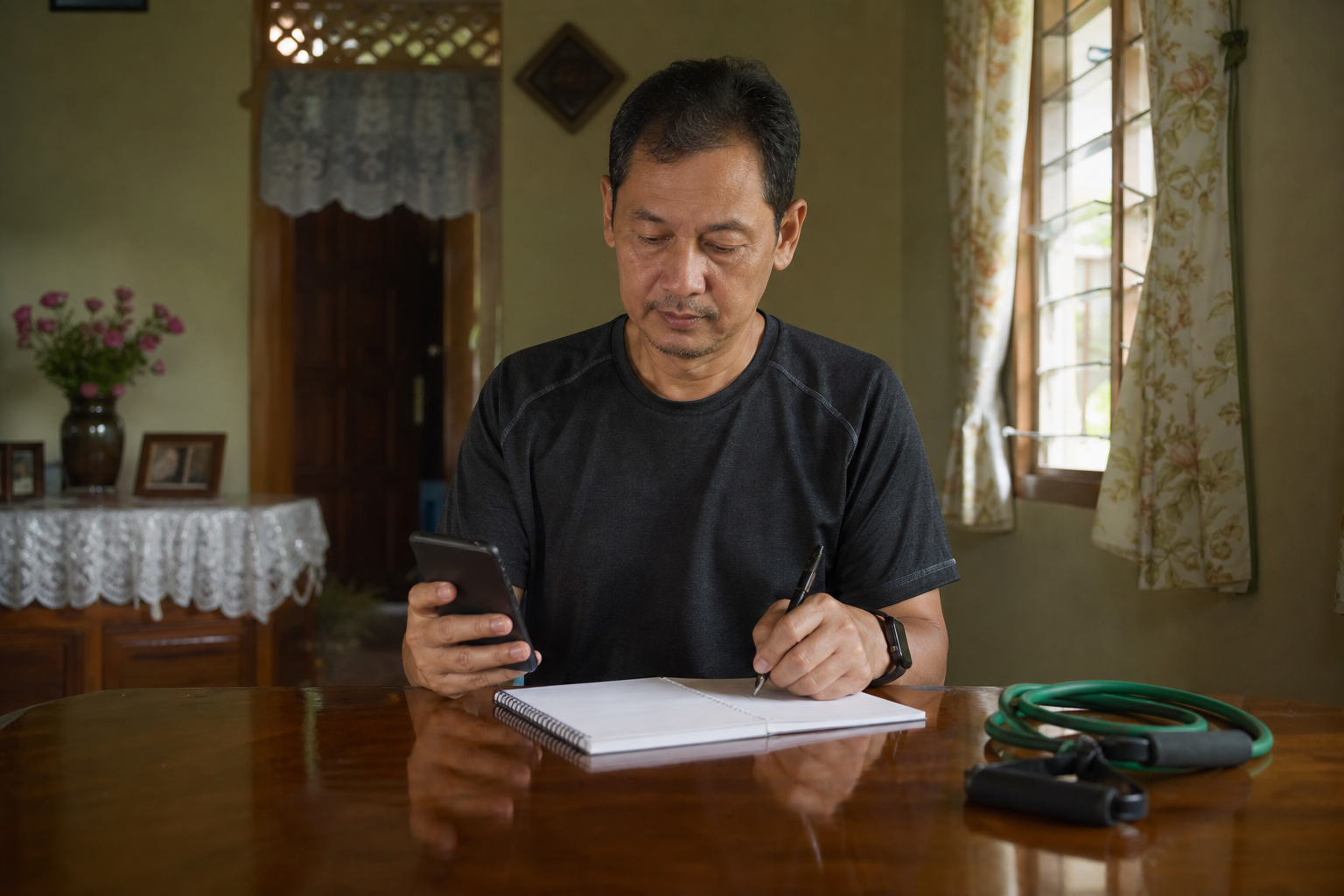 Orang dewasa Melayu menyalin keputusan kecergasan daripada telefon ke pelan aktiviti mingguan