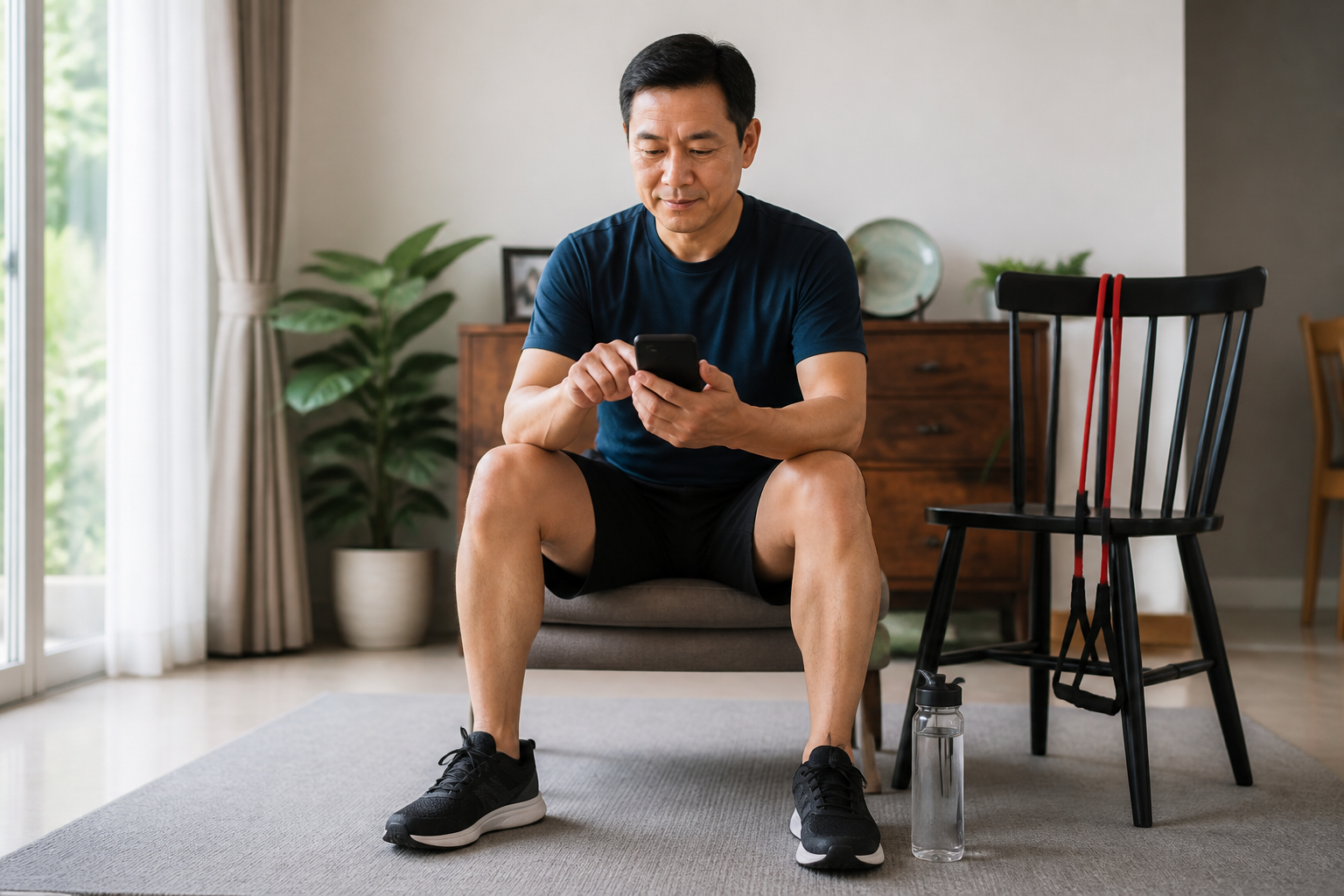 Malaysian Chinese adult using a fitness calculator on a smartphone