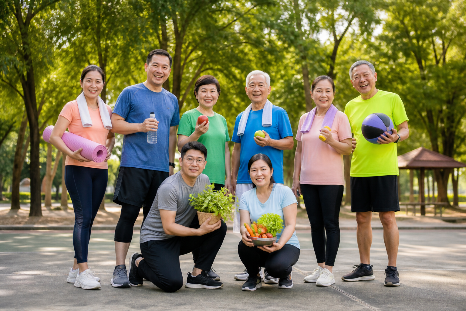 Multi-generational Malaysian Chinese adults staying active together