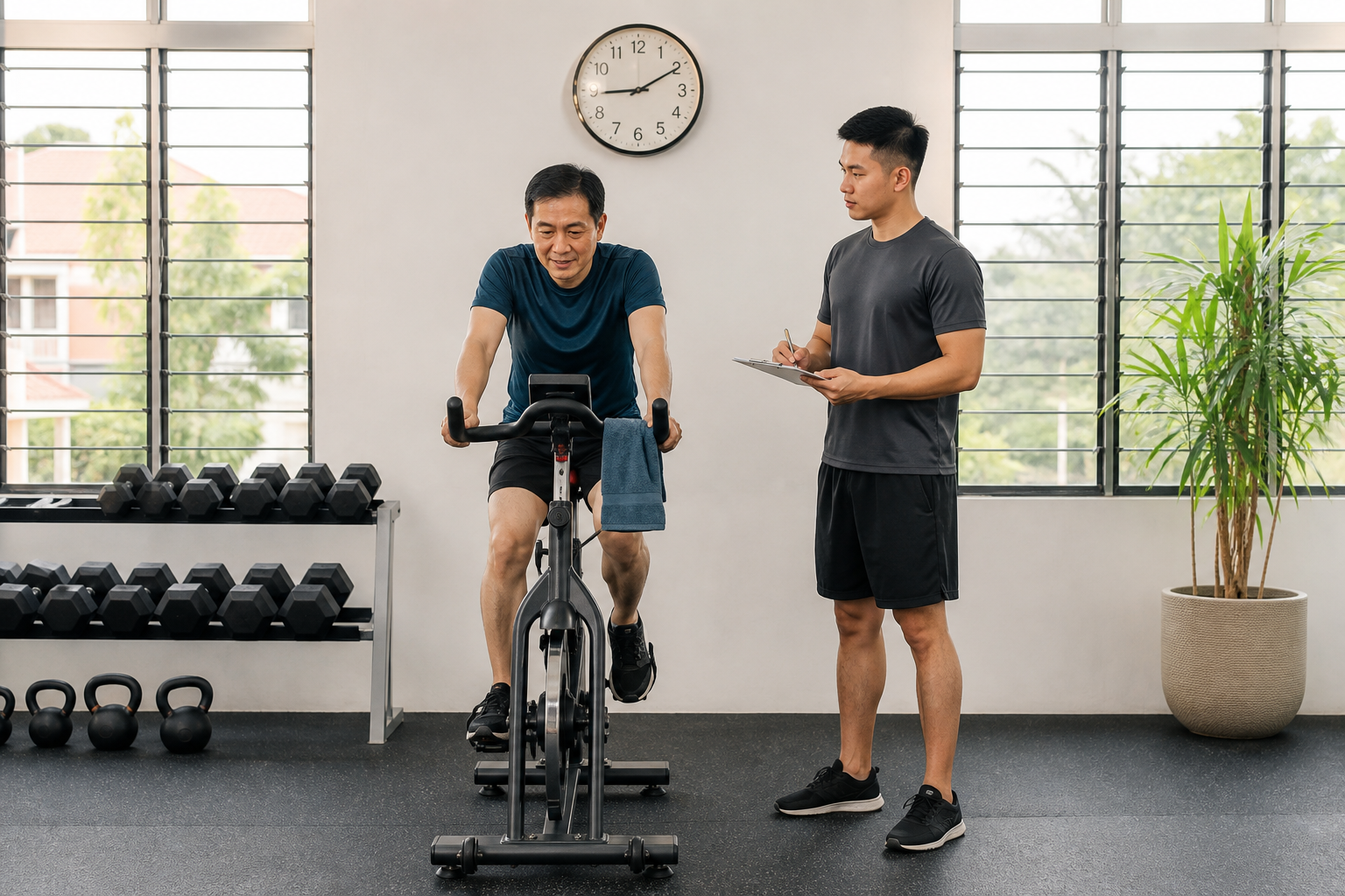 Malaysian Chinese adult completing supervised exercise-bike intervals