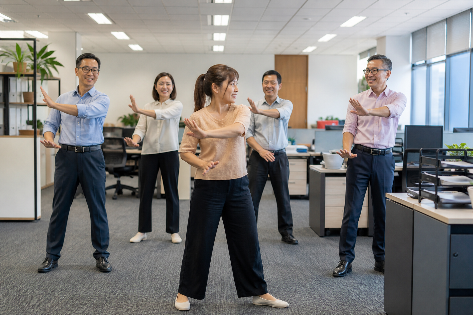 Malaysian Chinese office workers taking a guided movement break