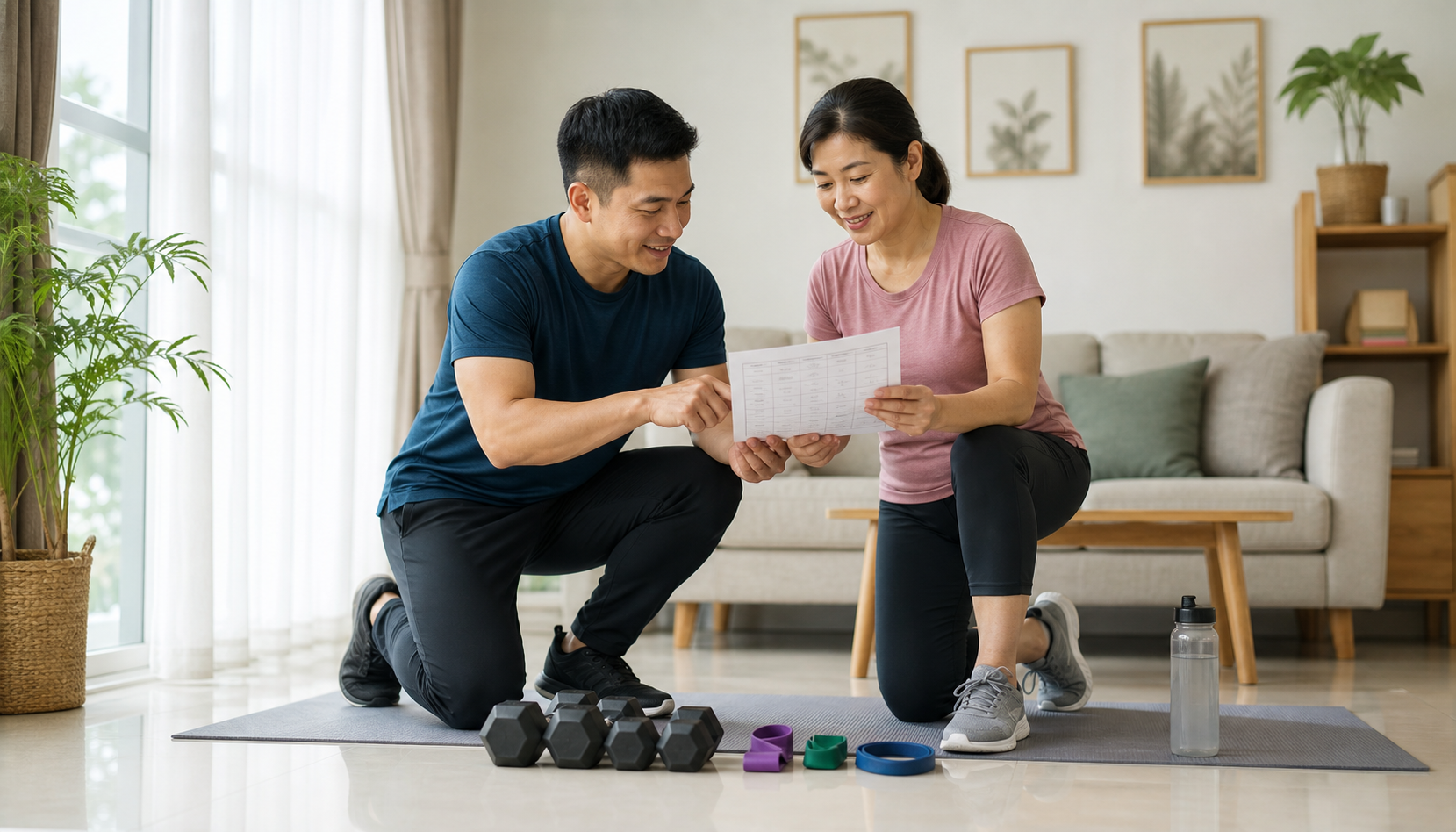 Coach and client reviewing a printed weekly exercise programme