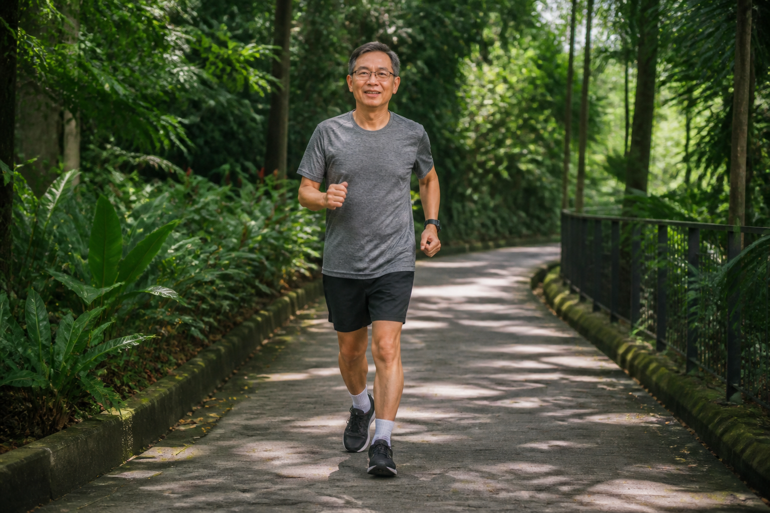 Malaysian Chinese adult brisk-walking in a shaded tropical park